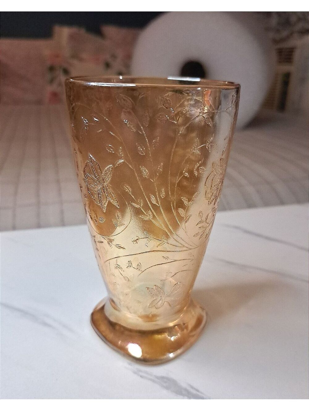 Vintage 1950's Floragold Louisa Iridescent Footed Tumbler Jeannette Glass Co. 5"
